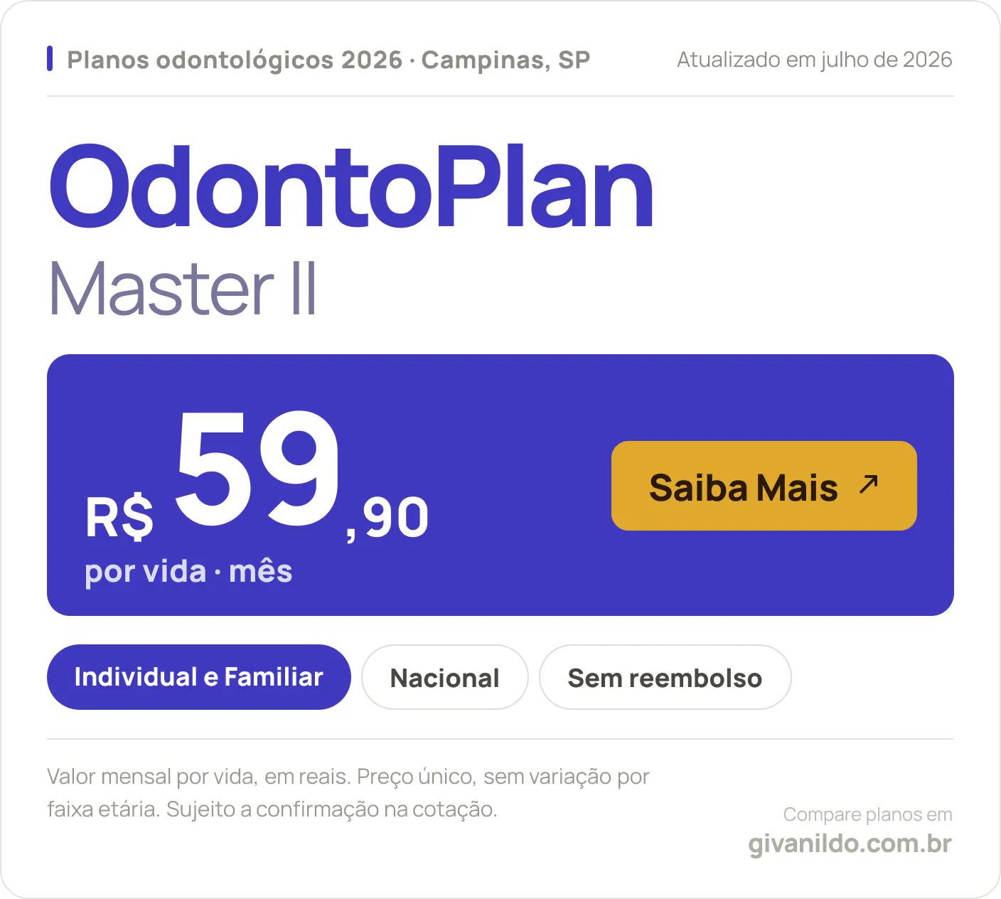 Tabela de preços 2026 OdontoPlan Master II em Campinas, SP