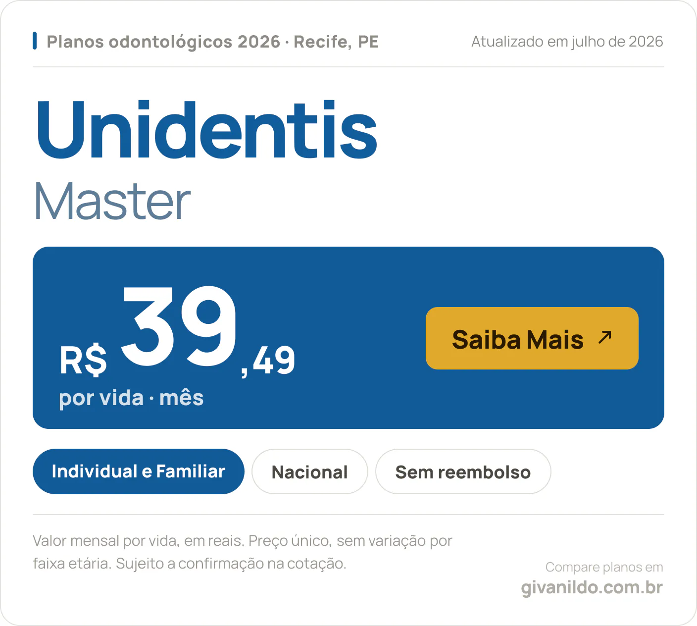 Tabela de preços 2026 Unidentis Master em Recife, PE