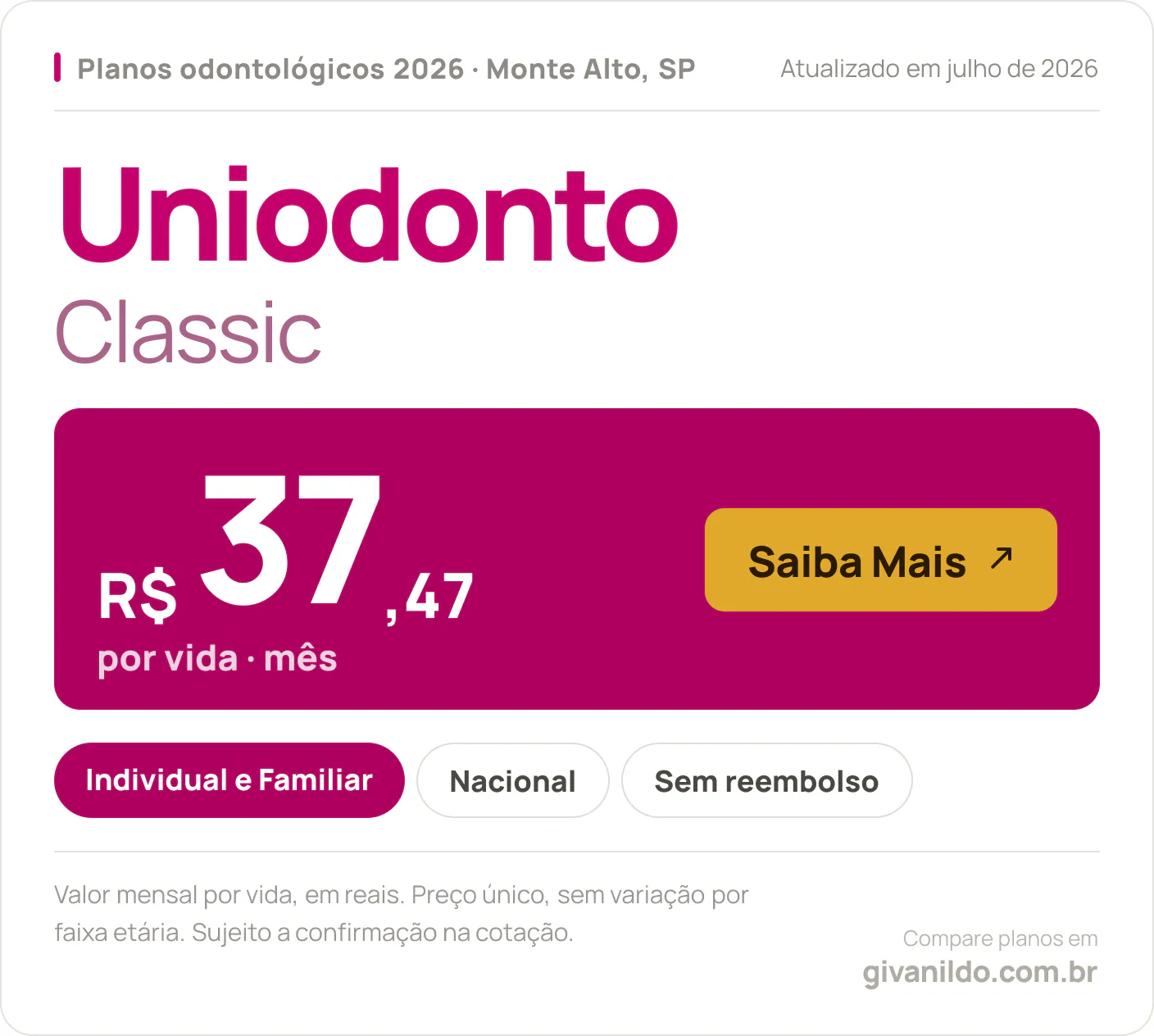 Tabela de preços 2026 Uniodonto Classic em Monte Alto, SP