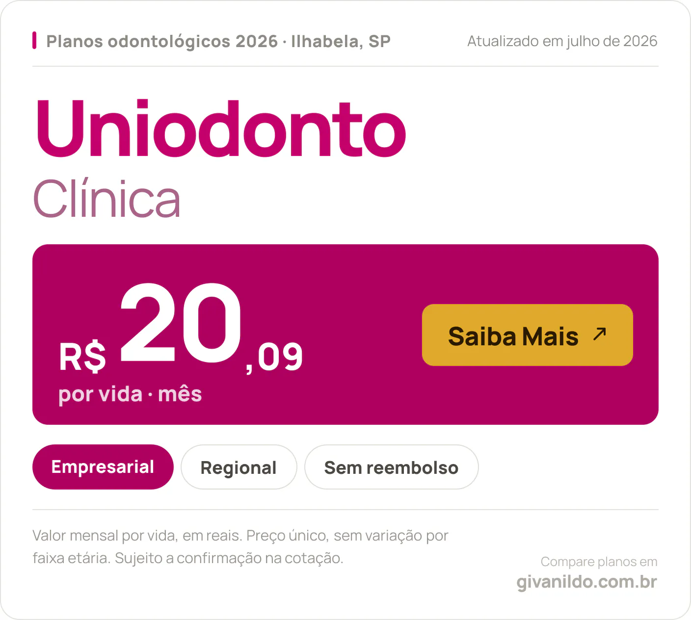 Tabela de preços 2026 Uniodonto Clínica em Ilhabela, SP