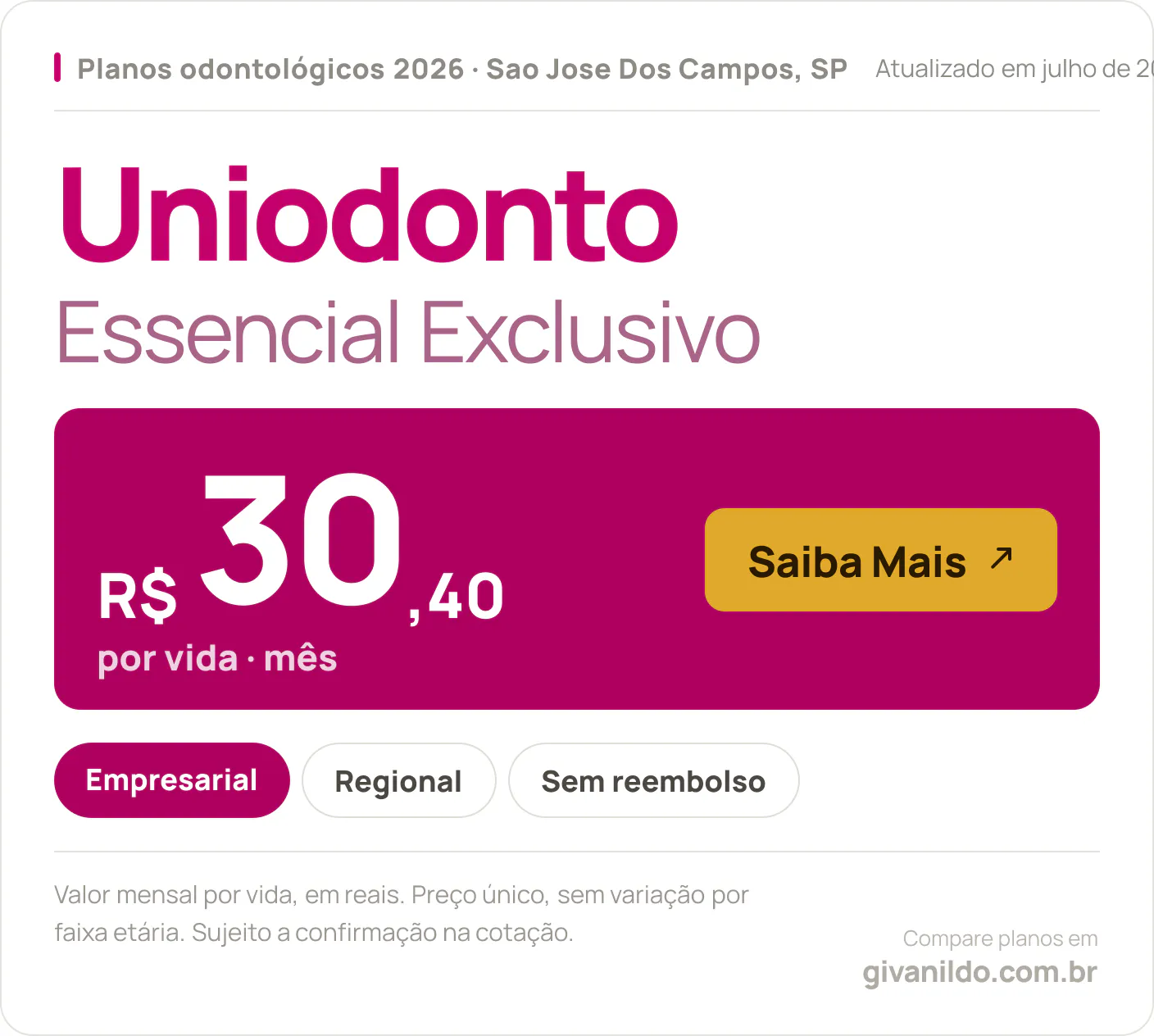 Tabela de preços 2026 Uniodonto Essencial Exclusivo em Sao Jose Dos Campos, SP